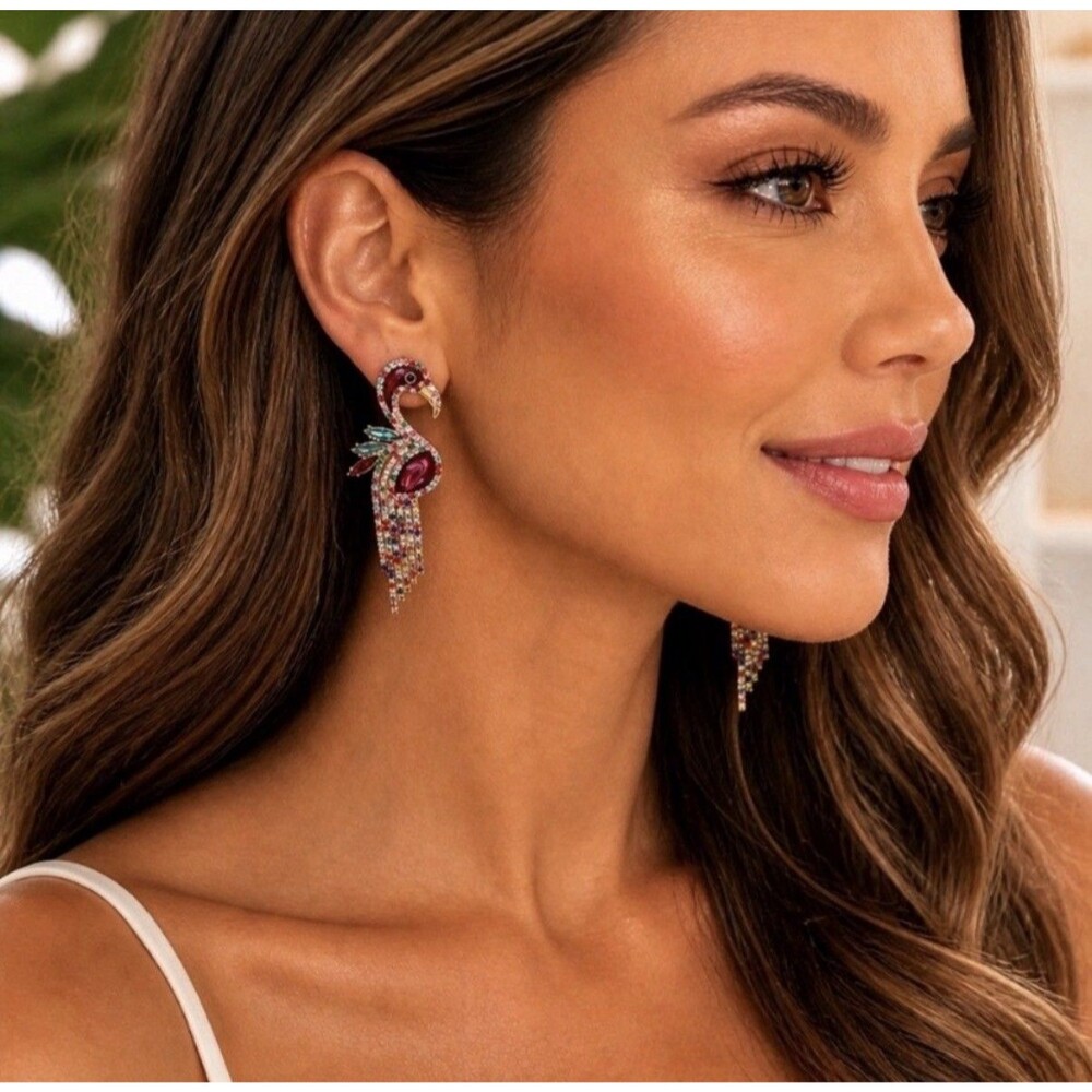 Multicolored Tropical Dangle Tassel Drop Flamingo Bird Rhinestone Earrings - Picture 2 of 4